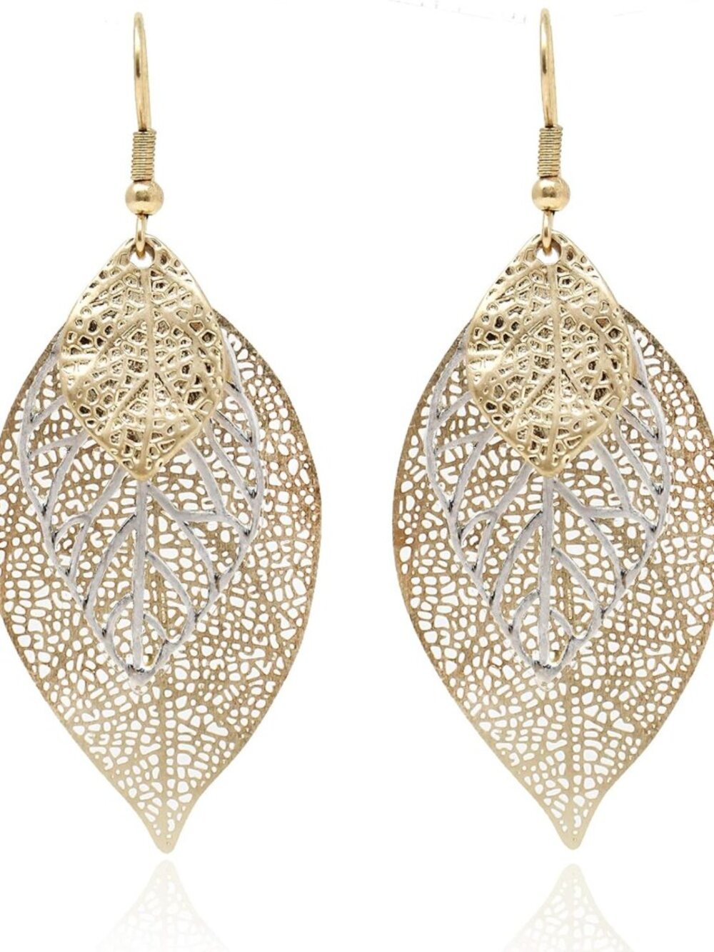 Boho Leaf Dangle Earrings - Two Tone Gold & Silver Filigree Jewelry for Women